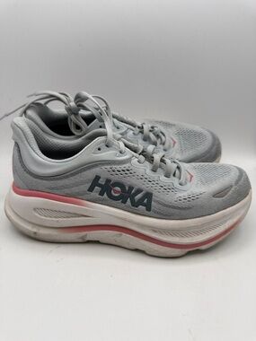 Hoka Bondi 9 Women’s 7D wide shoe Light Gray and Pink Cushioned Running S4